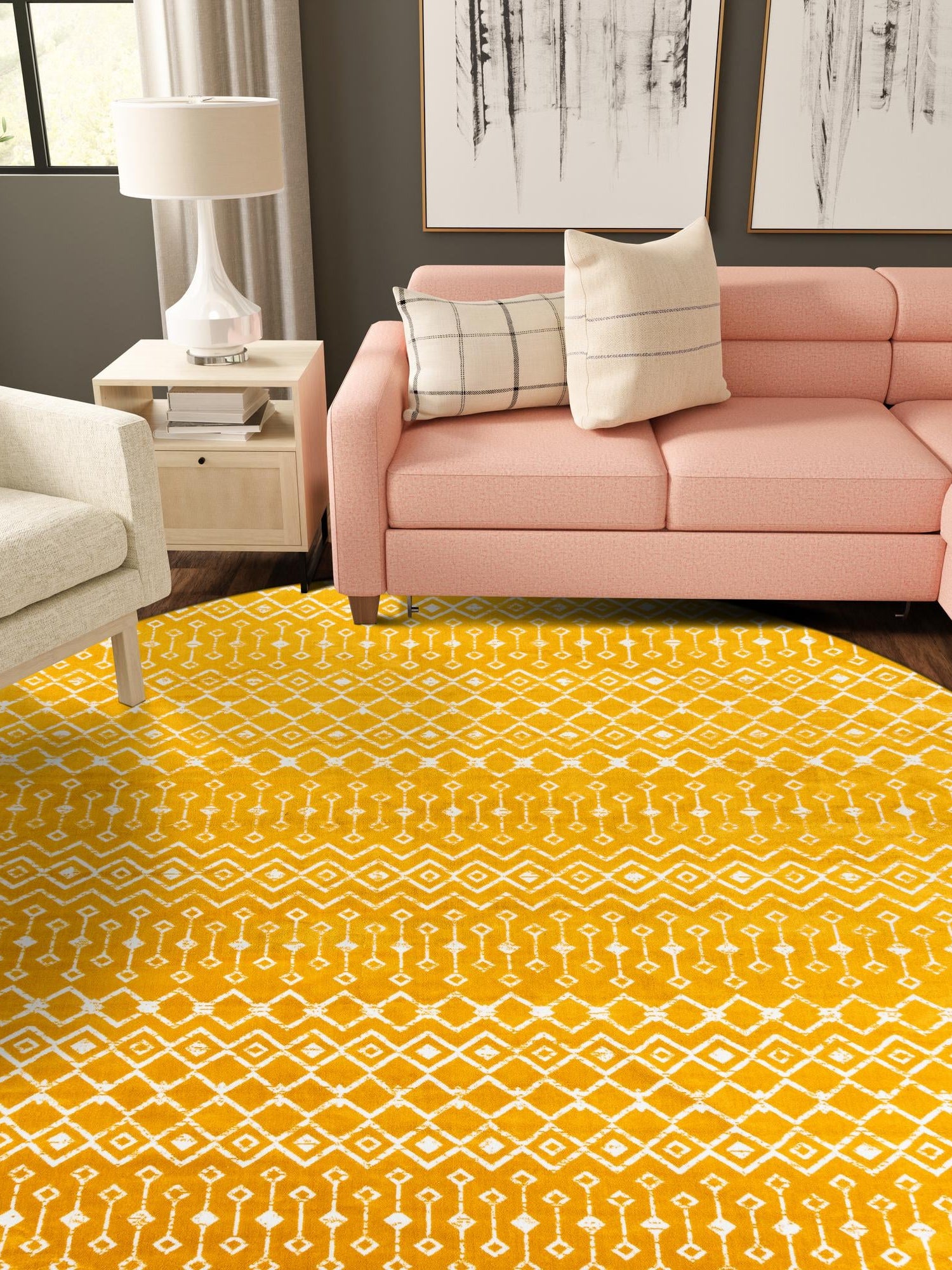 Yellow 12' x 12' Moroccan Trellis Round Area Rug 100% Polypropylene Easy Clean Geometric Traditional Carpet for Interior Design Home Decor for Sale at Rug Engine