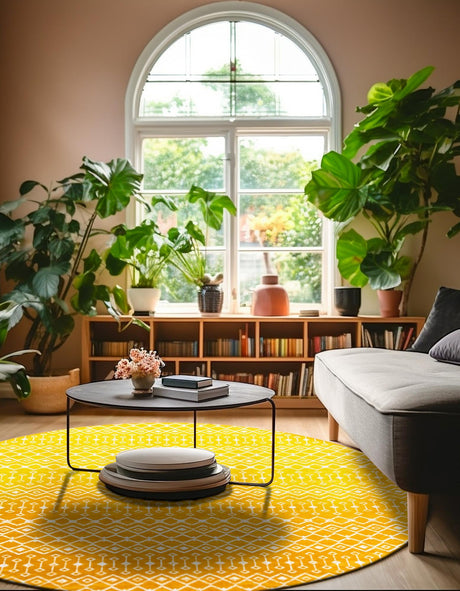 Yellow 12' x 12' Moroccan Trellis Round Area Rug 100% Polypropylene Easy Clean Geometric Traditional Carpet for Interior Design Home Decor for Sale at Rug Engine