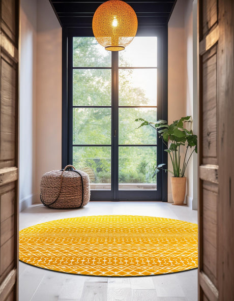Yellow 10' x 10' Moroccan Trellis Round Area Rug 100% Polypropylene Easy Clean Geometric Traditional Carpet for Interior Design Home Decor for Sale at Rug Engine