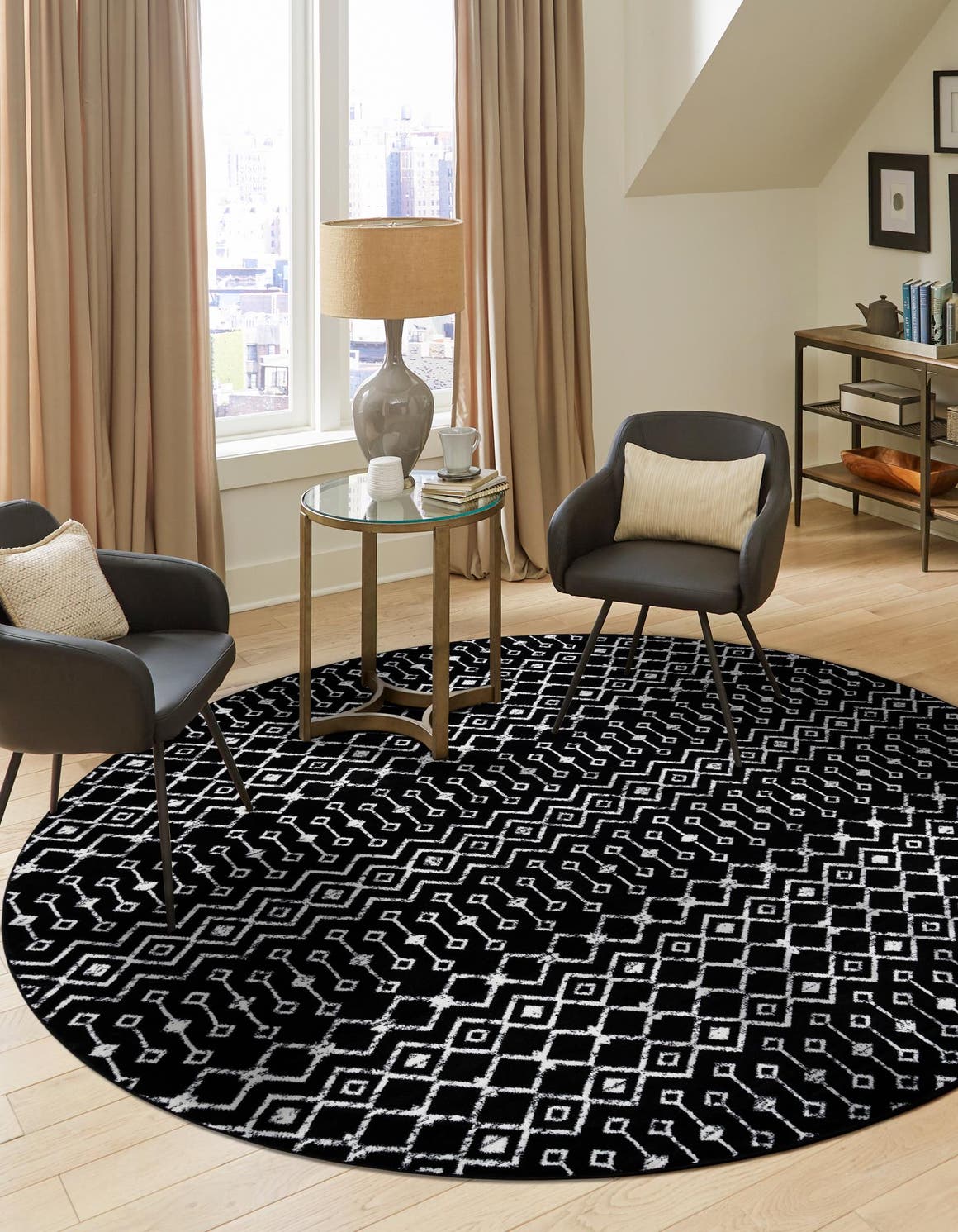 Black 10' x 10' Moroccan Trellis Round Area Rug 100% Polypropylene Easy Clean Geometric Traditional Carpet for Interior Design Home Decor for Sale at Rug Engine