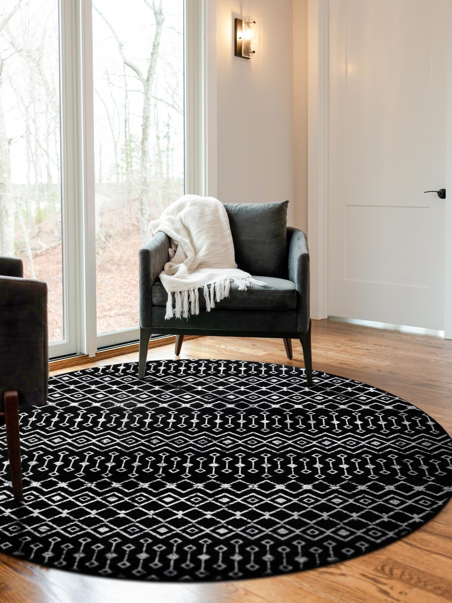 Black 12' x 12' Moroccan Trellis Round Area Rug 100% Polypropylene Easy Clean Geometric Traditional Carpet for Interior Design Home Decor for Sale at Rug Engine
