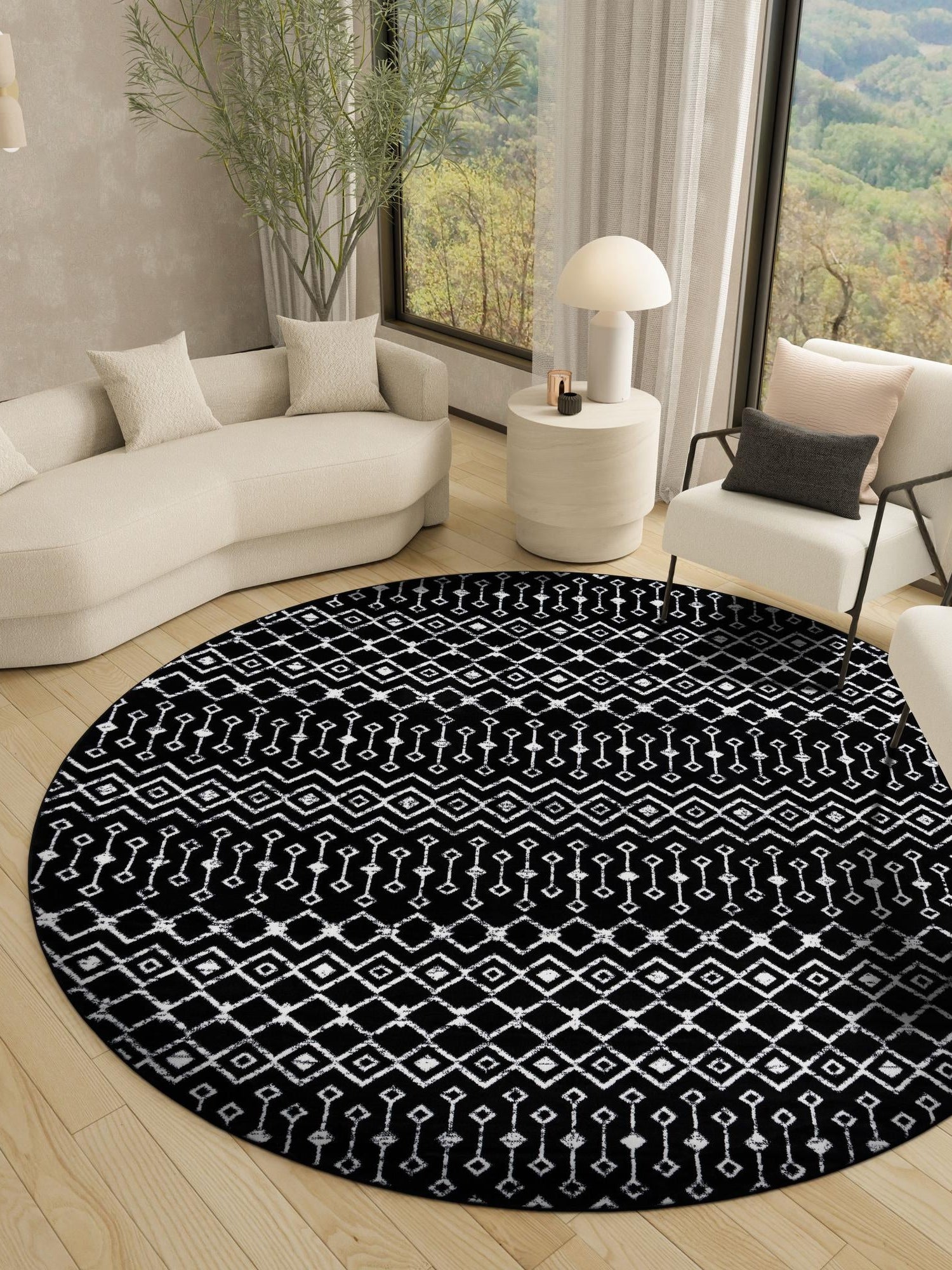 Black 12' x 12' Moroccan Trellis Round Area Rug 100% Polypropylene Easy Clean Geometric Traditional Carpet for Interior Design Home Decor for Sale at Rug Engine