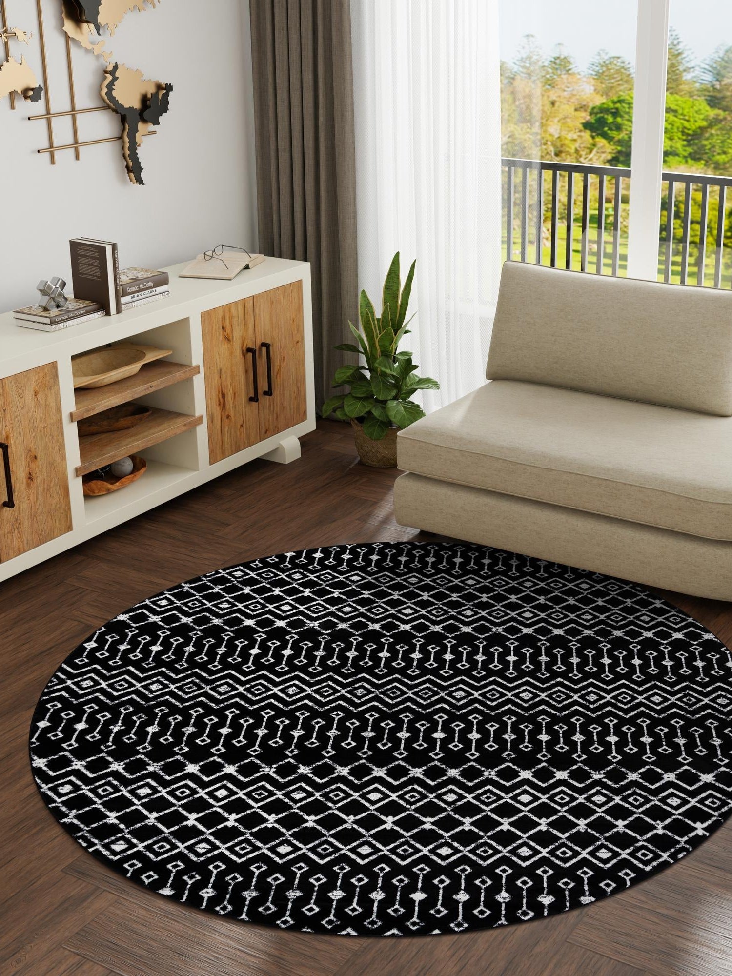Black 12' x 12' Moroccan Trellis Round Area Rug 100% Polypropylene Easy Clean Geometric Traditional Carpet for Interior Design Home Decor for Sale at Rug Engine