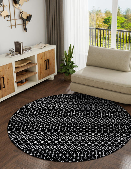 Black 12' x 12' Moroccan Trellis Round Area Rug 100% Polypropylene Easy Clean Geometric Traditional Carpet for Interior Design Home Decor for Sale at Rug Engine