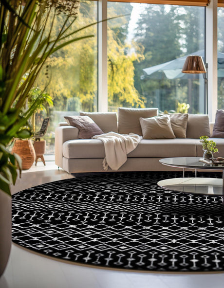 Black 10' x 10' Moroccan Trellis Round Area Rug 100% Polypropylene Easy Clean Geometric Traditional Carpet for Interior Design Home Decor for Sale at Rug Engine