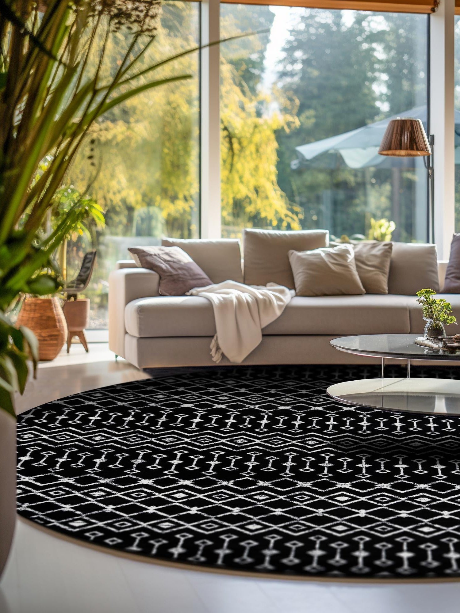Black 12' x 12' Moroccan Trellis Round Area Rug 100% Polypropylene Easy Clean Geometric Traditional Carpet for Interior Design Home Decor for Sale at Rug Engine