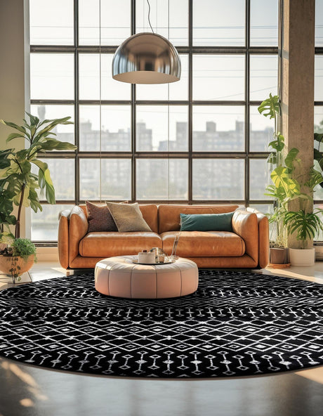 Black 12' x 12' Moroccan Trellis Round Area Rug 100% Polypropylene Easy Clean Geometric Traditional Carpet for Interior Design Home Decor for Sale at Rug Engine
