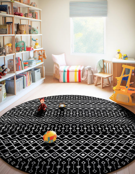 Black 10' x 10' Moroccan Trellis Round Area Rug 100% Polypropylene Easy Clean Geometric Traditional Carpet for Interior Design Home Decor for Sale at Rug Engine