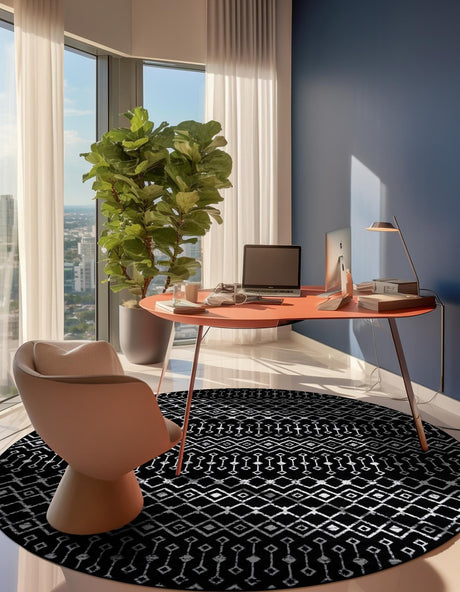 Black 10' x 10' Moroccan Trellis Round Area Rug 100% Polypropylene Easy Clean Geometric Traditional Carpet for Interior Design Home Decor for Sale at Rug Engine