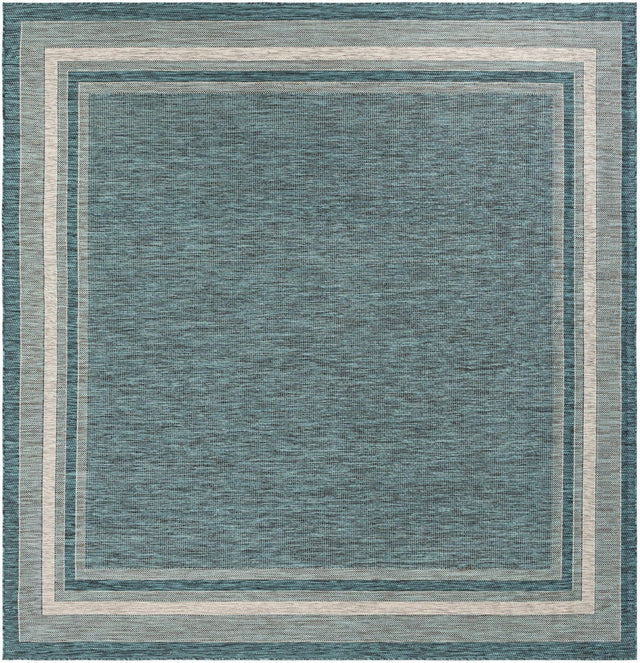 Teal 10' x 10' Outdoor Border Square Area Rug Weather Resistant for Patio, Deck, Terrace, Balcony, Porch 100% Polypropylene Classic Bordered Carpet for Sale at Rug Engine