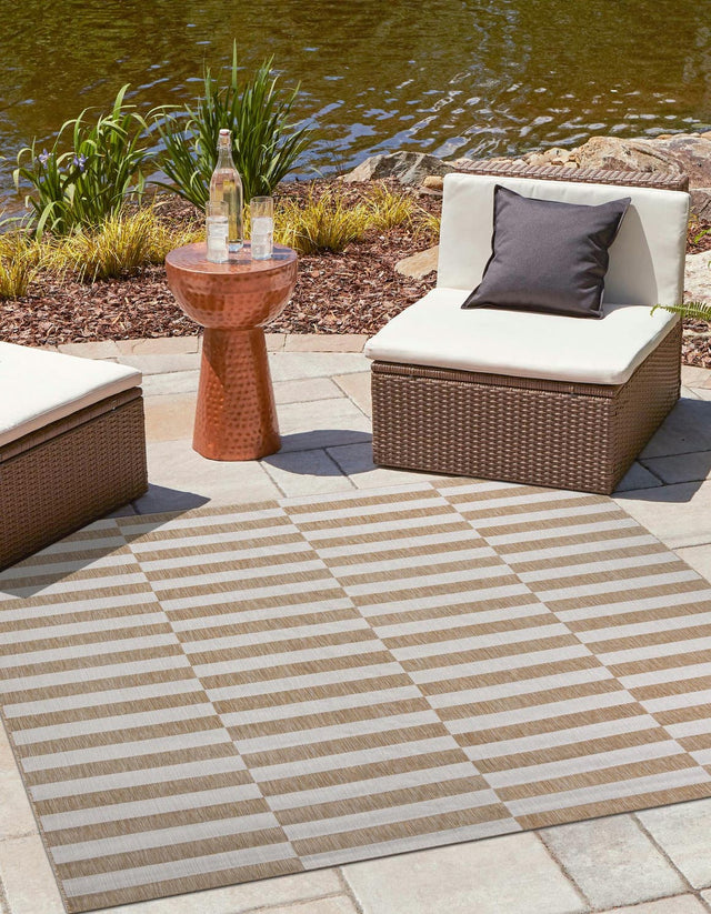 Taupe 5' 3 x 5' 3 Outdoor Striped Square Area Rug Weather Resistant for Patio, Deck, Terrace, Balcony, Porch Geometric Pattern Waterproof Carpet for Sale at Rug Engine