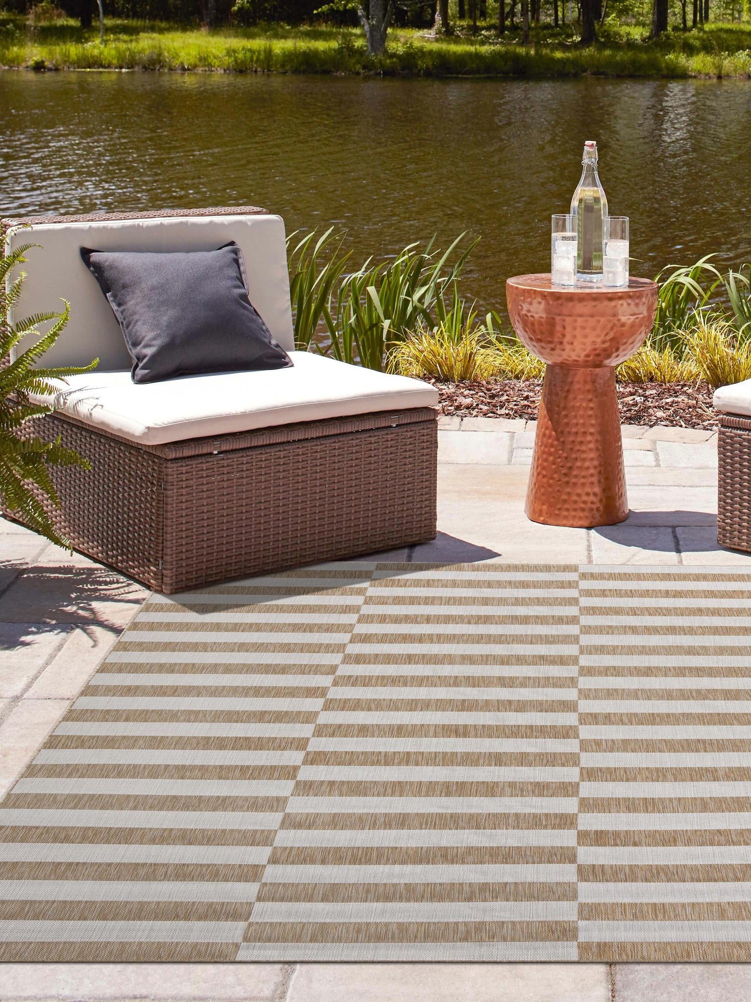 Taupe 10' x 10' Outdoor Striped Square Area Rug Weather Resistant for Patio, Deck, Terrace, Balcony, Porch Geometric Pattern Waterproof Carpet for Sale at Rug Engine