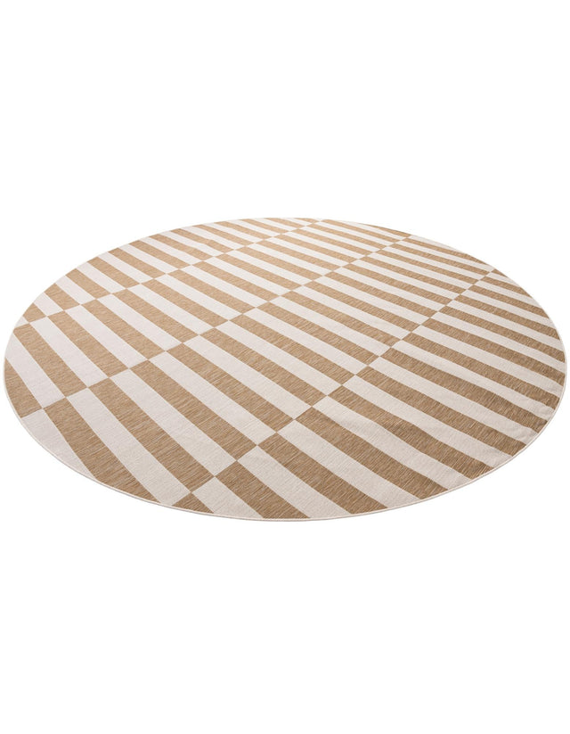 Taupe 12' x 12' Outdoor Striped Round Area Rug Weather Resistant for Patio, Deck, Terrace, Balcony, Porch Geometric Pattern Waterproof Carpet for Sale at Rug Engine