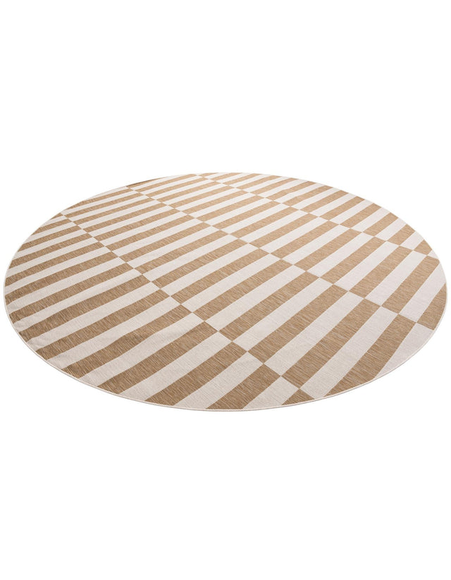 Taupe 12' x 12' Outdoor Striped Round Area Rug Weather Resistant for Patio, Deck, Terrace, Balcony, Porch Geometric Pattern Waterproof Carpet for Sale at Rug Engine