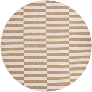 Taupe 12' x 12' Outdoor Striped Round Area Rug Weather Resistant for Patio, Deck, Terrace, Balcony, Porch Geometric Pattern Waterproof Carpet for Sale at Rug Engine