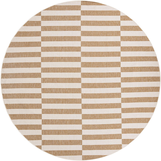 Taupe 12' x 12' Outdoor Striped Round Area Rug Weather Resistant for Patio, Deck, Terrace, Balcony, Porch Geometric Pattern Waterproof Carpet for Sale at Rug Engine