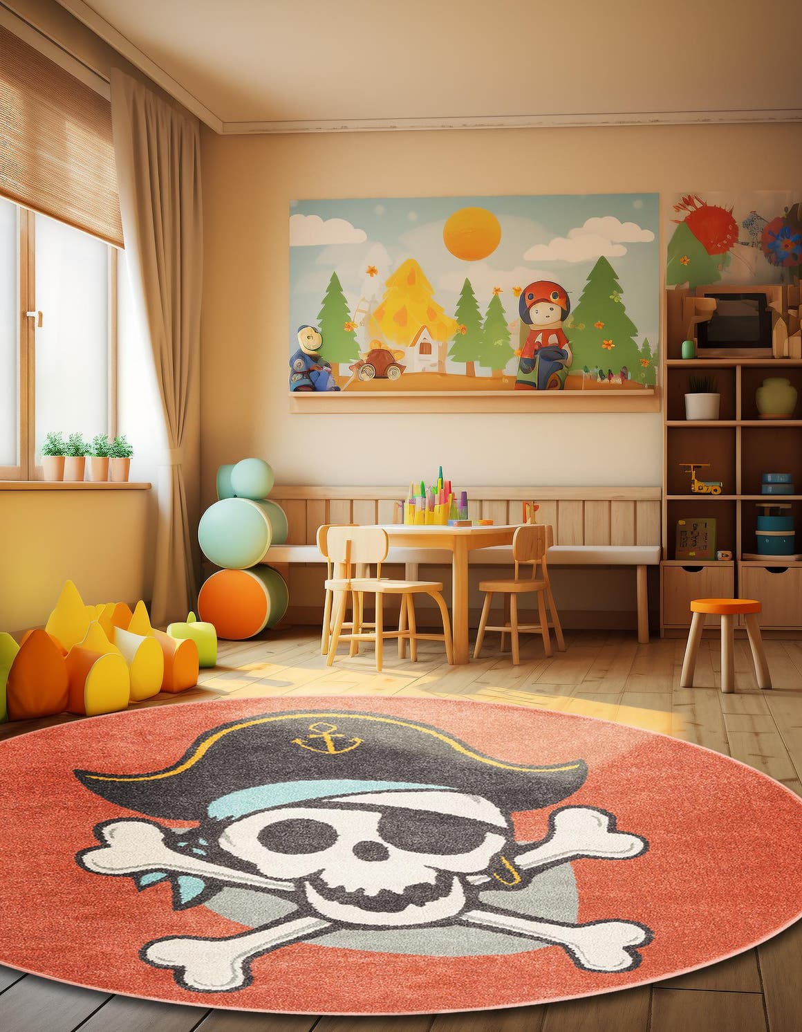 Red 5' 3 x 5' 3 Whimsy Kids Round Area Rug for Baby Nursery, Toddler Playroom,  Bedrooms Playful Fun Design Easy Clean Carpet for Sale at Rug Engine