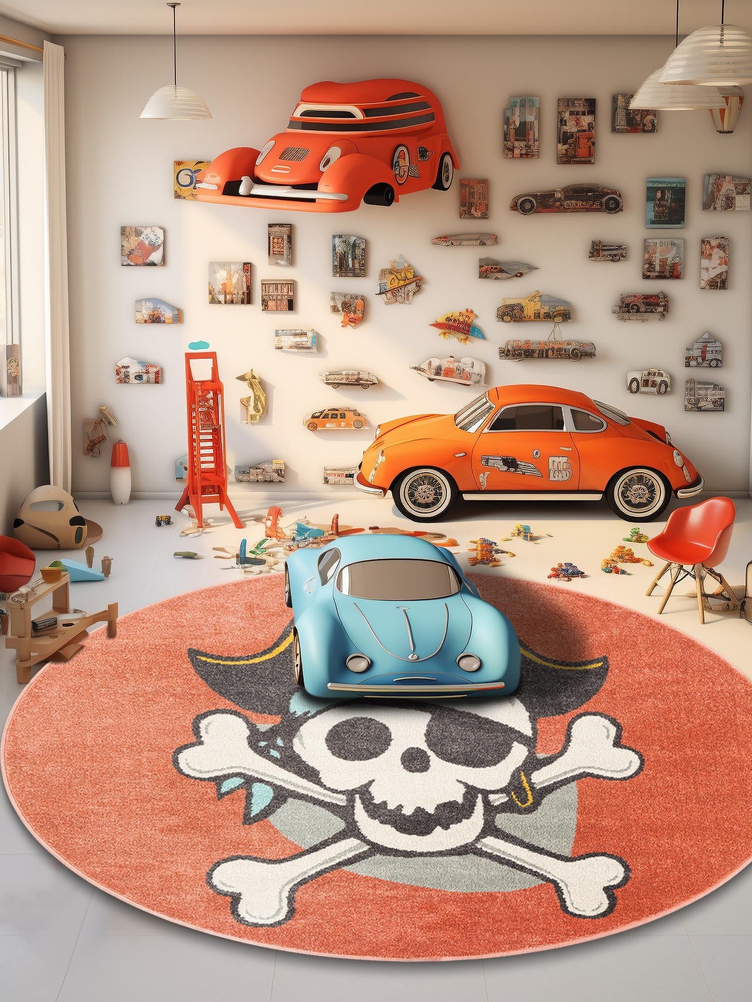 Red 5' 3 x 5' 3 Whimsy Kids Round Area Rug for Baby Nursery, Toddler Playroom,  Bedrooms Playful Fun Design Easy Clean Carpet for Sale at Rug Engine