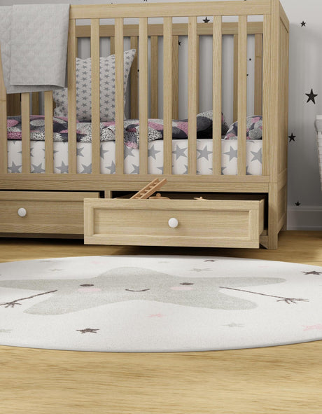 Ivory 5' 3 x 5' 3 Whimsy Kids Round Area Rug for Baby Nursery, Toddler Playroom,  Bedrooms Playful Fun Design Easy Clean Carpet for Sale at Rug Engine