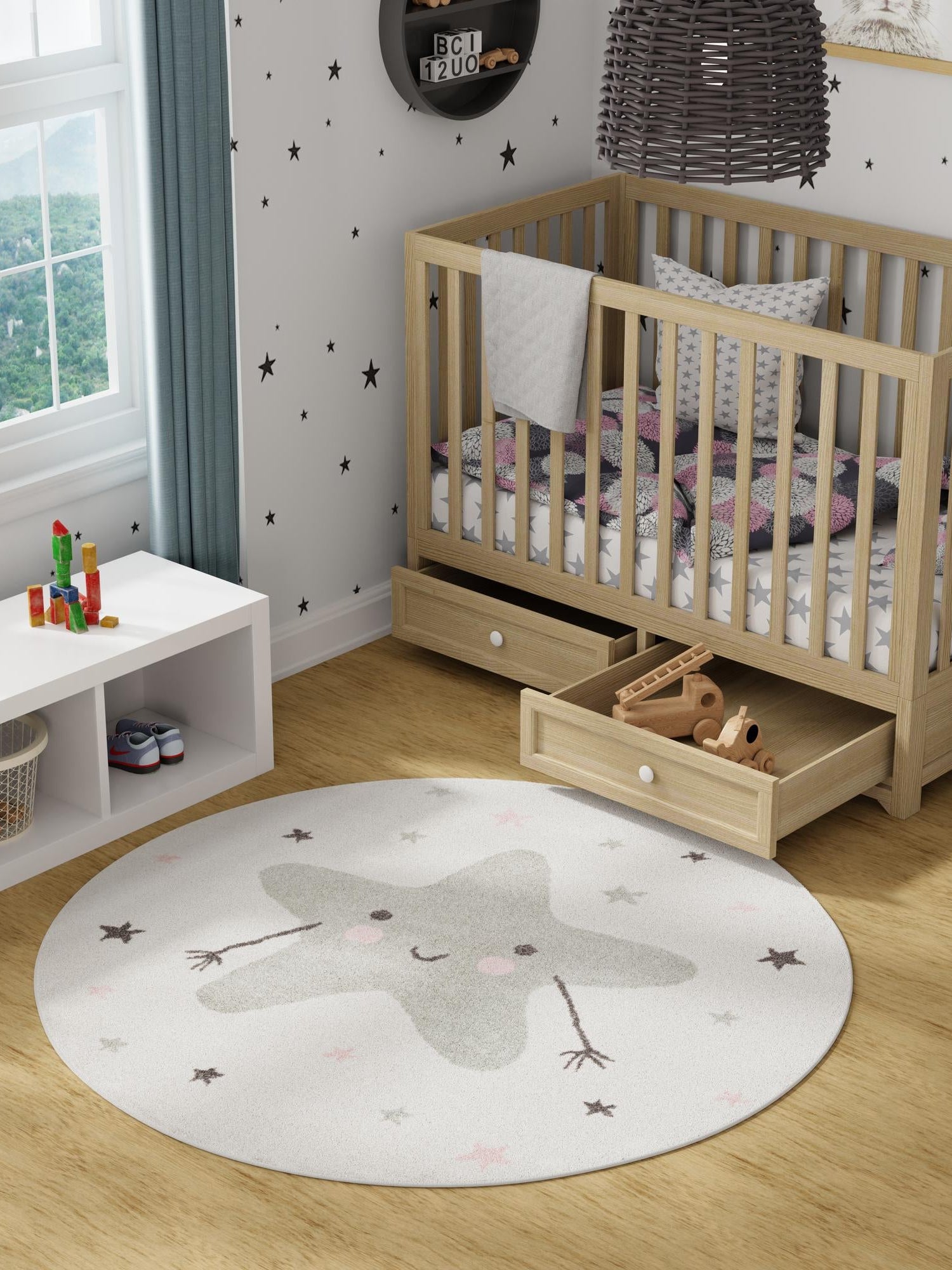 Ivory 7' 10 x 7' 10 Whimsy Kids Round Area Rug for Baby Nursery, Toddler Playroom,  Bedrooms Playful Fun Design Easy Clean Carpet for Sale at Rug Engine