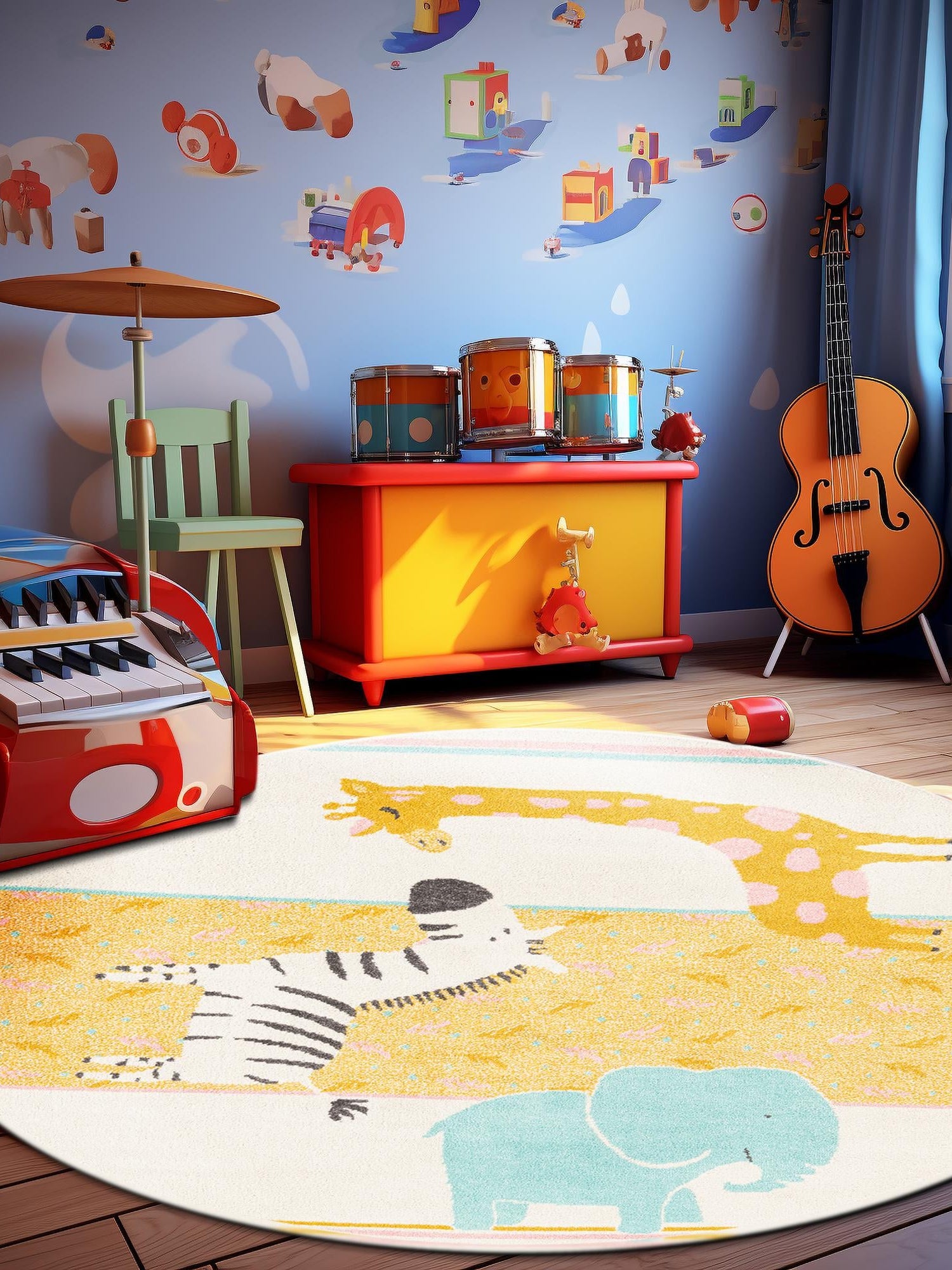 Ivory 5' 3 x 5' 3 Whimsy Kids Round Area Rug for Baby Nursery, Toddler Playroom,  Bedrooms Playful Fun Design Easy Clean Carpet for Sale at Rug Engine