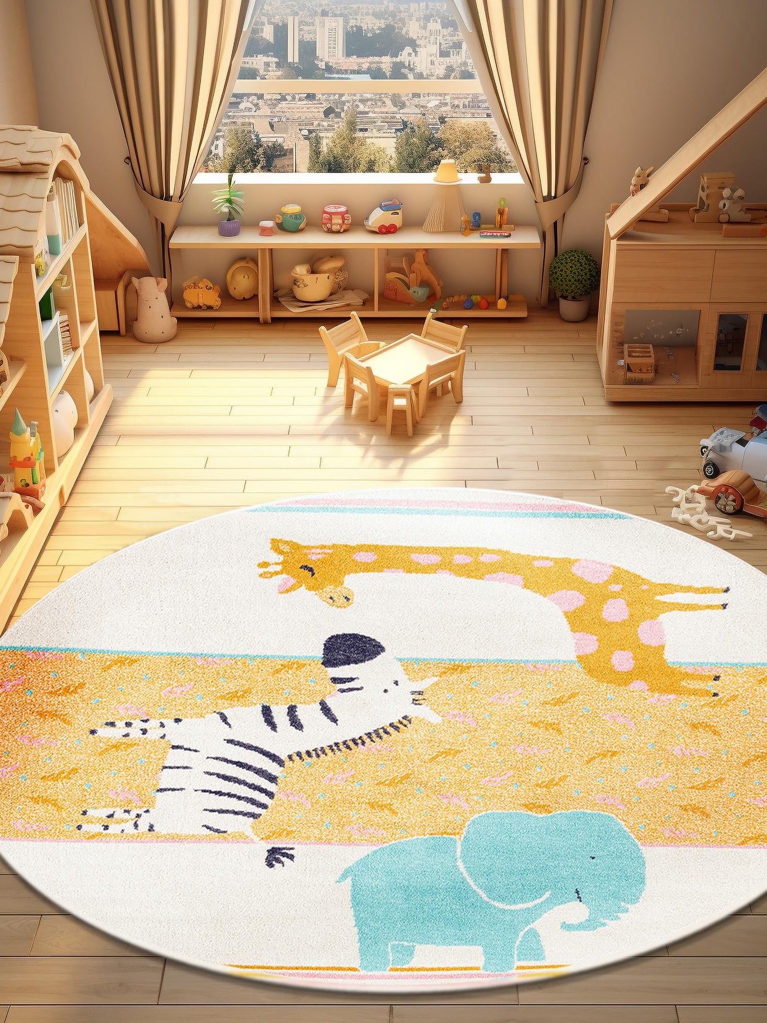 Ivory 5' 3 x 5' 3 Whimsy Kids Round Area Rug for Baby Nursery, Toddler Playroom,  Bedrooms Playful Fun Design Easy Clean Carpet for Sale at Rug Engine