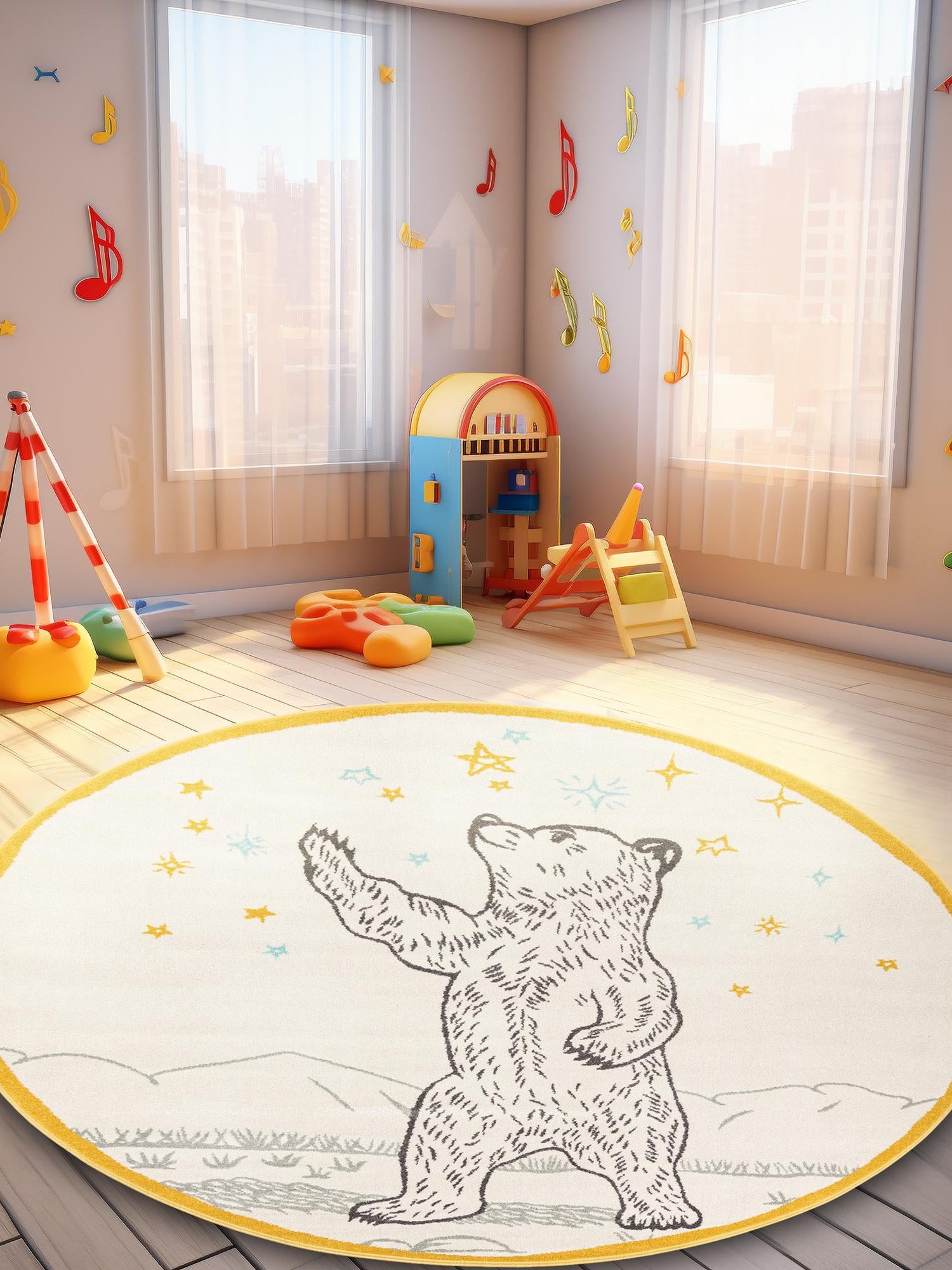 Ivory and Gray 7' 10 x 7' 10 Whimsy Kids Round Area Rug for Baby Nursery, Toddler Playroom,  Bedrooms Playful Fun Design Easy Clean Carpet for Sale at Rug Engine