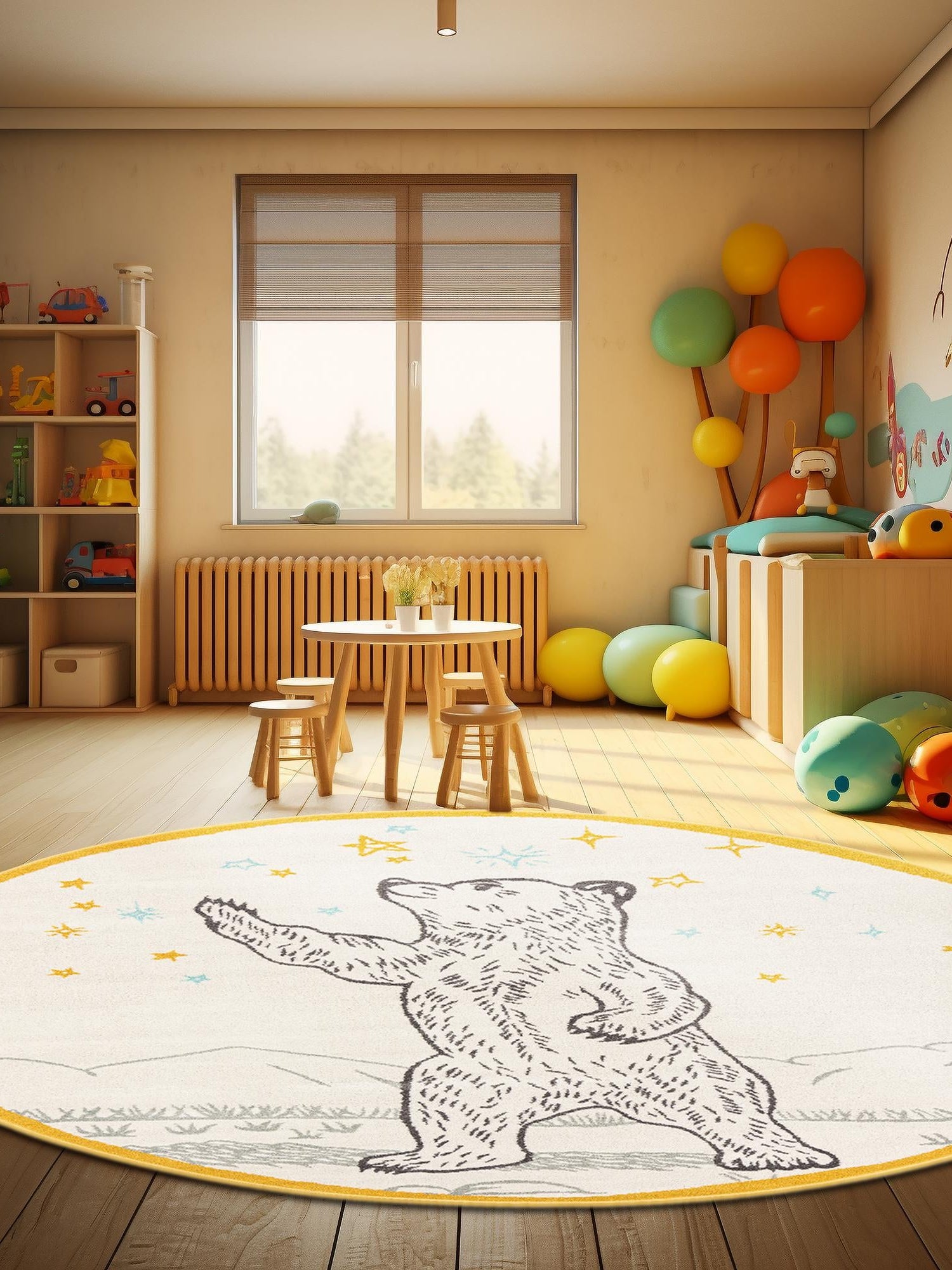 Ivory and Gray 7' 10 x 7' 10 Whimsy Kids Round Area Rug for Baby Nursery, Toddler Playroom,  Bedrooms Playful Fun Design Easy Clean Carpet for Sale at Rug Engine