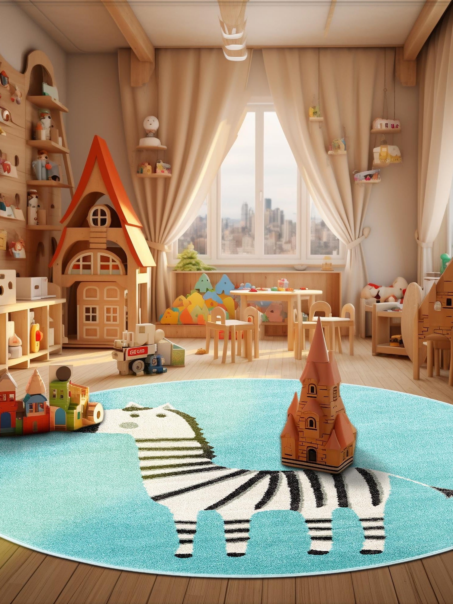 Teal 5' 3 x 5' 3 Whimsy Kids Round Area Rug for Baby Nursery, Toddler Playroom, Bedrooms