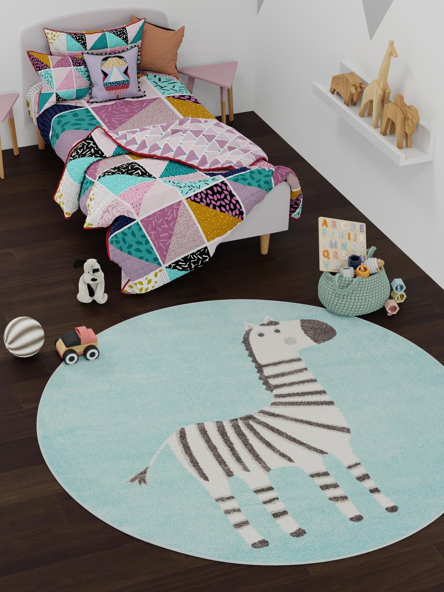 Teal 7' 10 x 7' 10 Whimsy Kids Round Area Rug for Baby Nursery, Toddler Playroom,  Bedrooms Playful Fun Design Easy Clean Carpet for Sale at Rug Engine