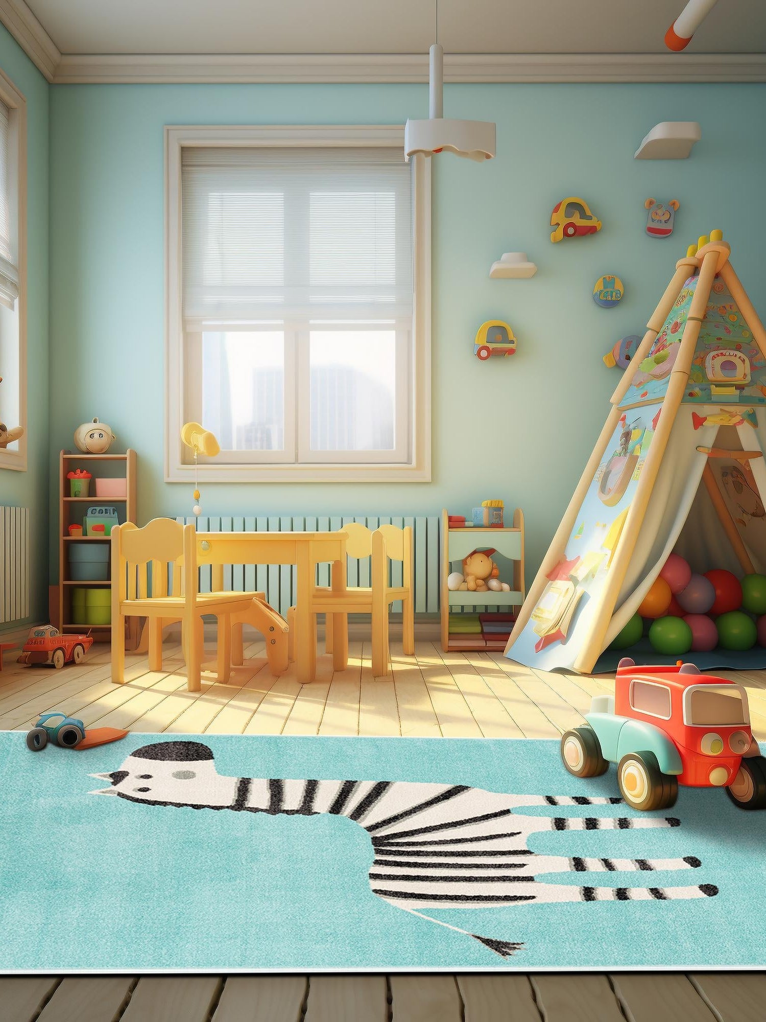 Teal 3' 11 x 5' 11 Whimsy Kids Rectangle Area Rug for Baby Nursery, Toddler Playroom, Bedrooms