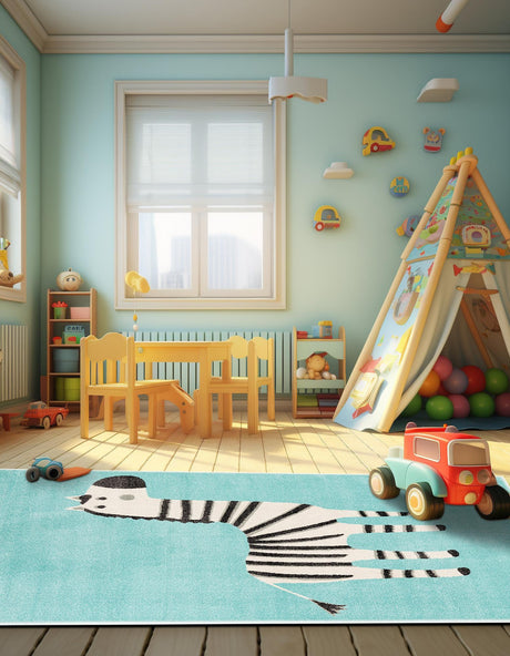 Teal 3' 11 x 5' 11 Whimsy Kids Rectangle Area Rug for Baby Nursery, Toddler Playroom,  Bedrooms Playful Fun Design Easy Clean Carpet for Sale at Rug Engine