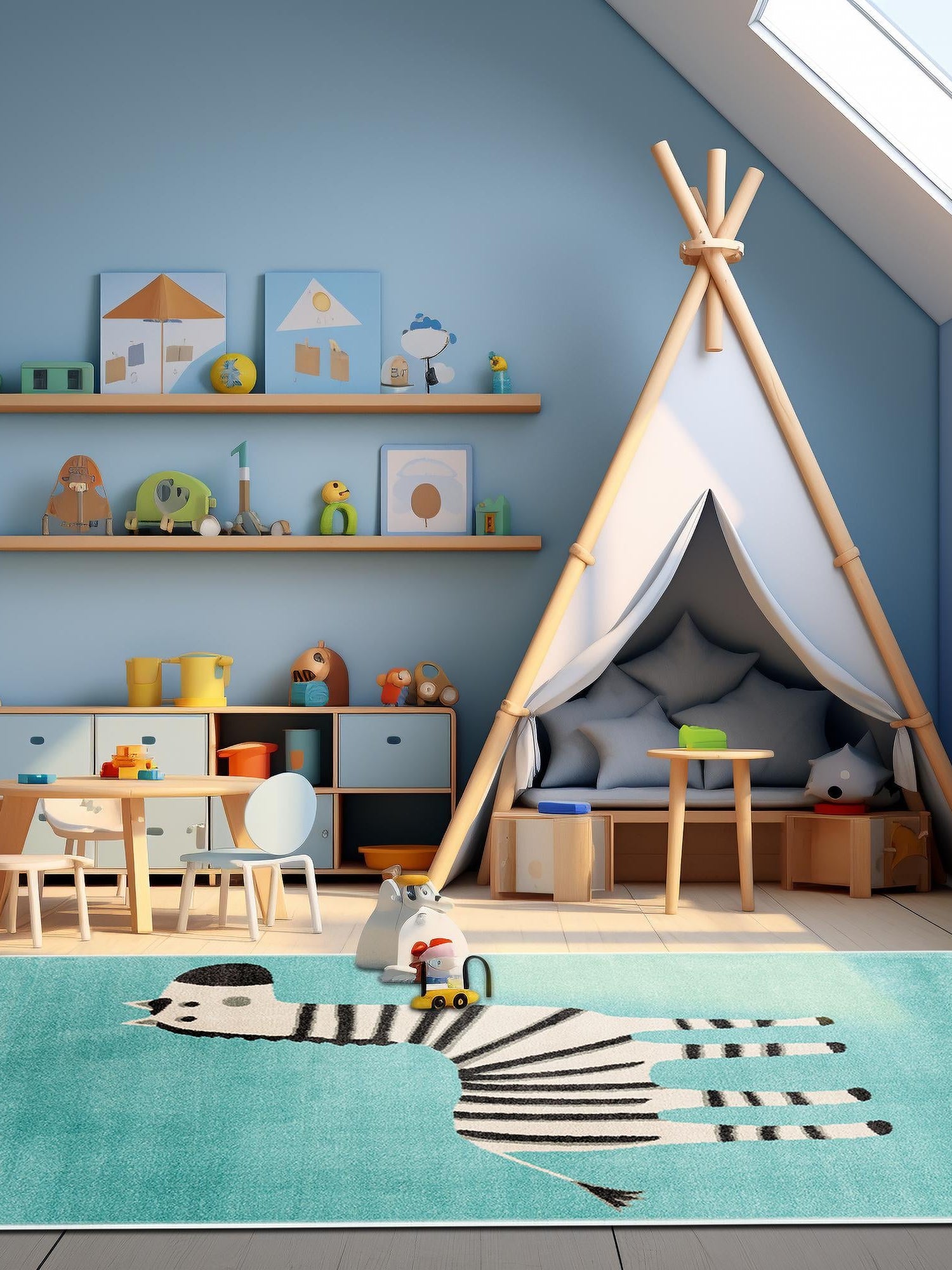 Teal 3' 11 x 5' 11 Whimsy Kids Rectangle Area Rug for Baby Nursery, Toddler Playroom, Bedrooms