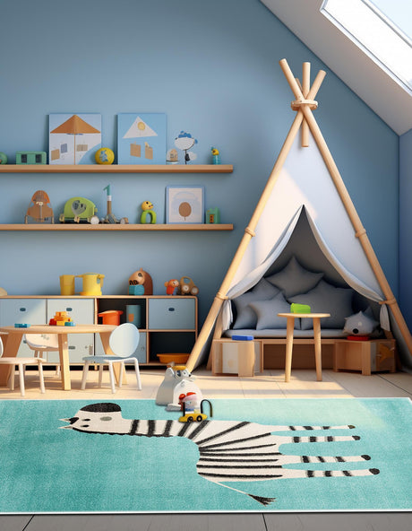 Teal 3' 11 x 5' 11 Whimsy Kids Rectangle Area Rug for Baby Nursery, Toddler Playroom,  Bedrooms Playful Fun Design Easy Clean Carpet for Sale at Rug Engine