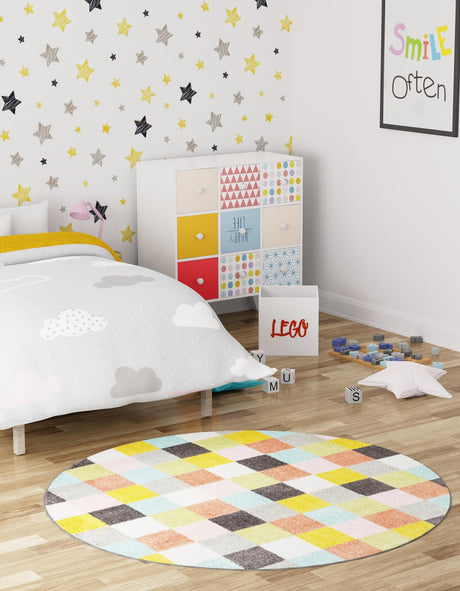 Multicolor 7' 10 x 7' 10 Whimsy Kids Round Area Rug for Baby Nursery, Toddler Playroom,  Bedrooms Playful Fun Design Easy Clean Carpet for Sale at Rug Engine