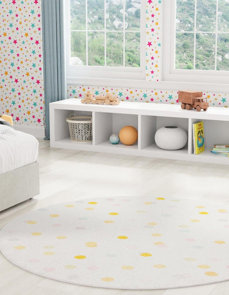 Ivory 7' 10 x 7' 10 Whimsy Kids Round Area Rug for Baby Nursery, Toddler Playroom,  Bedrooms Playful Fun Design Easy Clean Carpet for Sale at Rug Engine