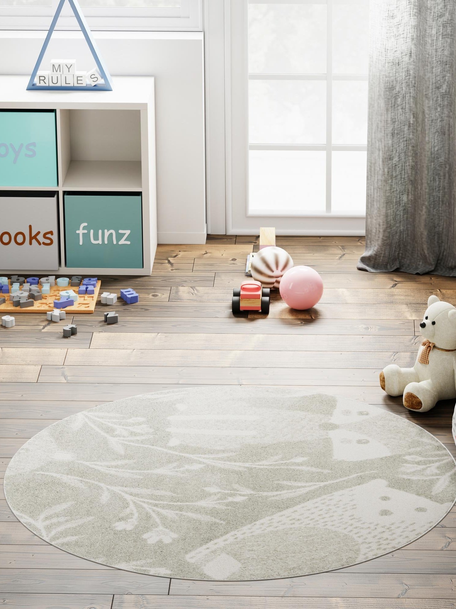 Gray 7' 10 x 7' 10 Whimsy Kids Round Area Rug for Baby Nursery, Toddler Playroom,  Bedrooms Playful Fun Design Easy Clean Carpet for Sale at Rug Engine