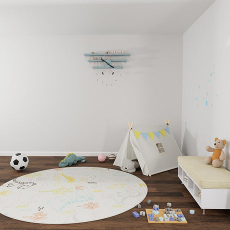 Ivory 5' 3 x 5' 3 Whimsy Kids Round Area Rug for Baby Nursery, Toddler Playroom,  Bedrooms Playful Fun Design Easy Clean Carpet for Sale at Rug Engine