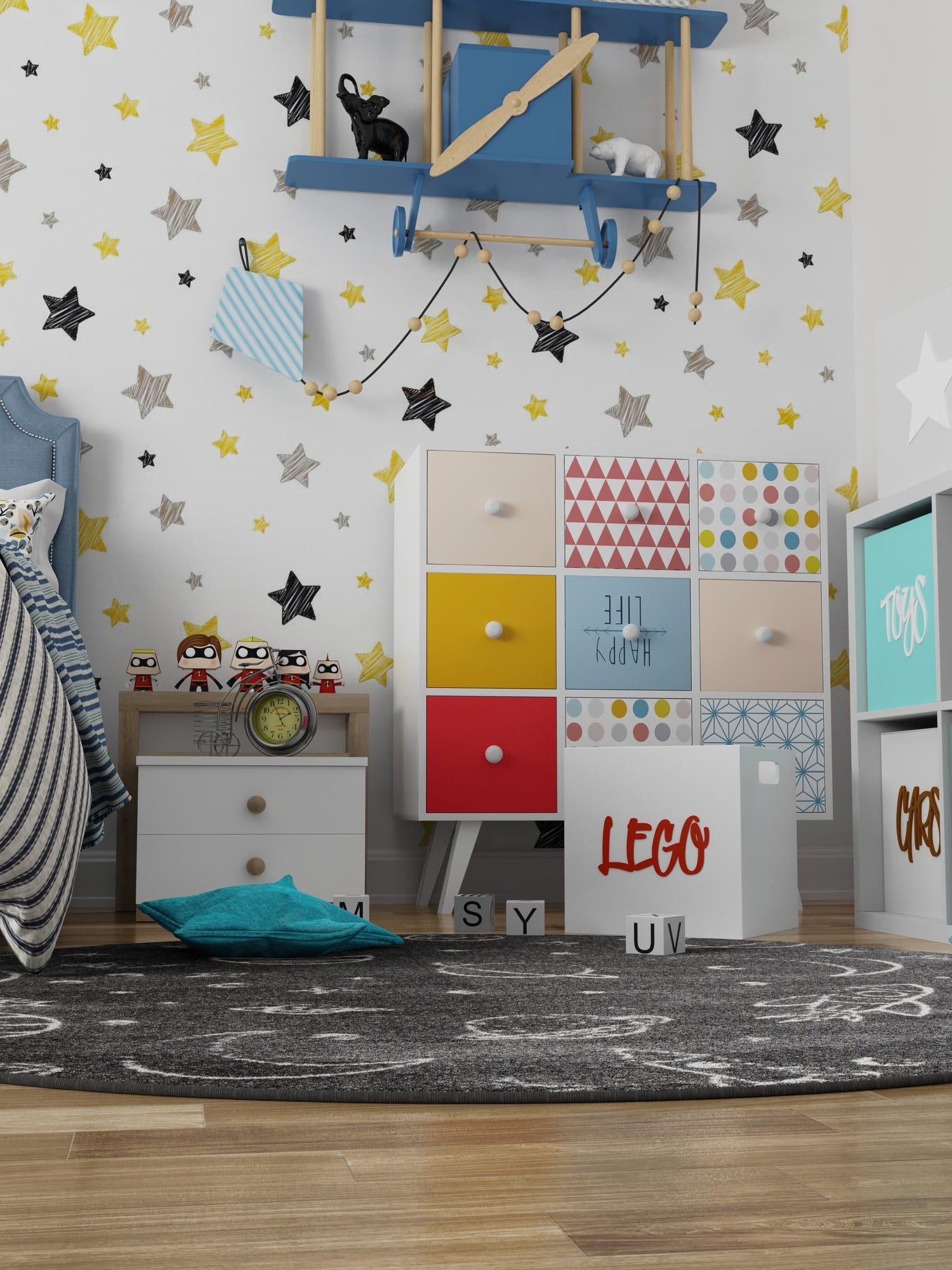 Gray 7' 10 x 7' 10 Whimsy Kids Round Area Rug for Baby Nursery, Toddler Playroom, Bedrooms