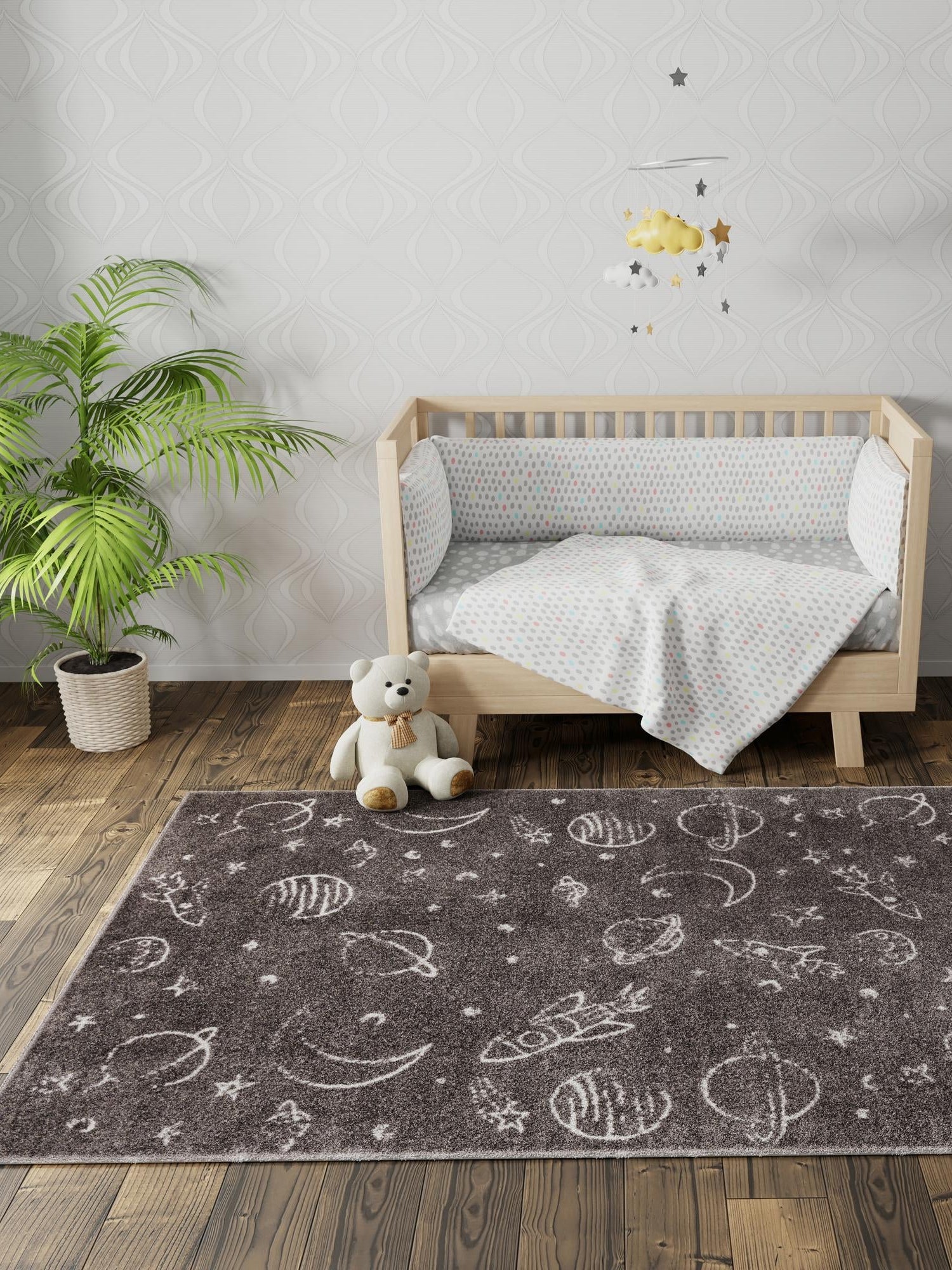 Gray 7' 10 x 10' Whimsy Kids Rectangle Area Rug for Baby Nursery, Toddler Playroom, Bedrooms