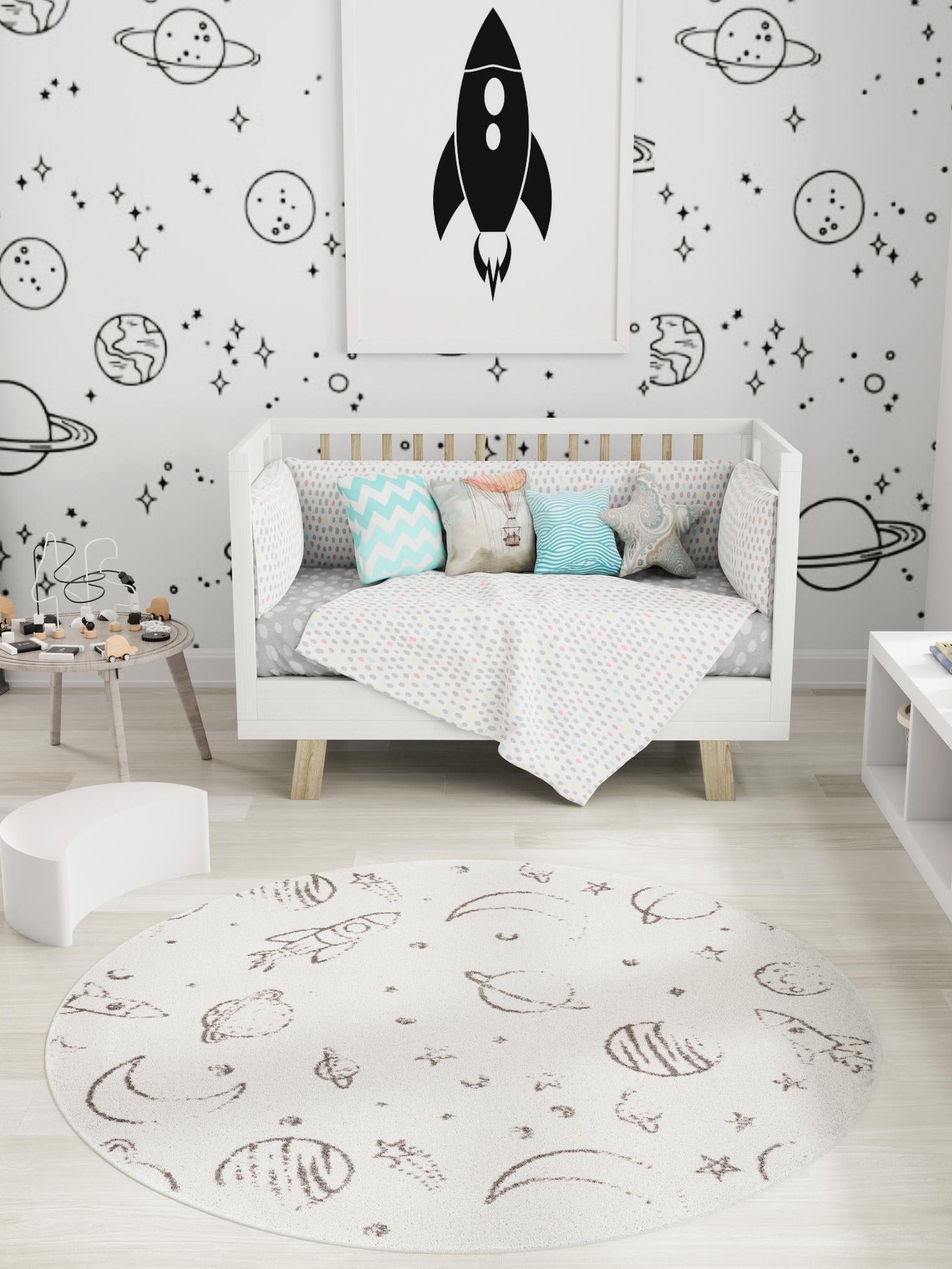 Ivory 3' 3 x 3' 3 Whimsy Kids Round Area Rug for Baby Nursery, Toddler Playroom, Bedrooms