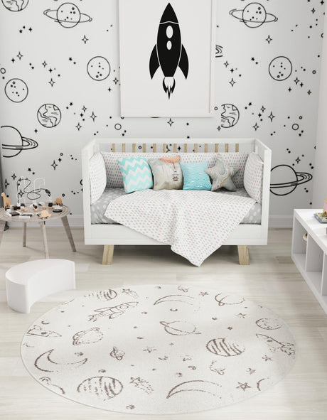 Ivory 5' 3 x 5' 3 Whimsy Kids Round Area Rug for Baby Nursery, Toddler Playroom,  Bedrooms Playful Fun Design Easy Clean Carpet for Sale at Rug Engine