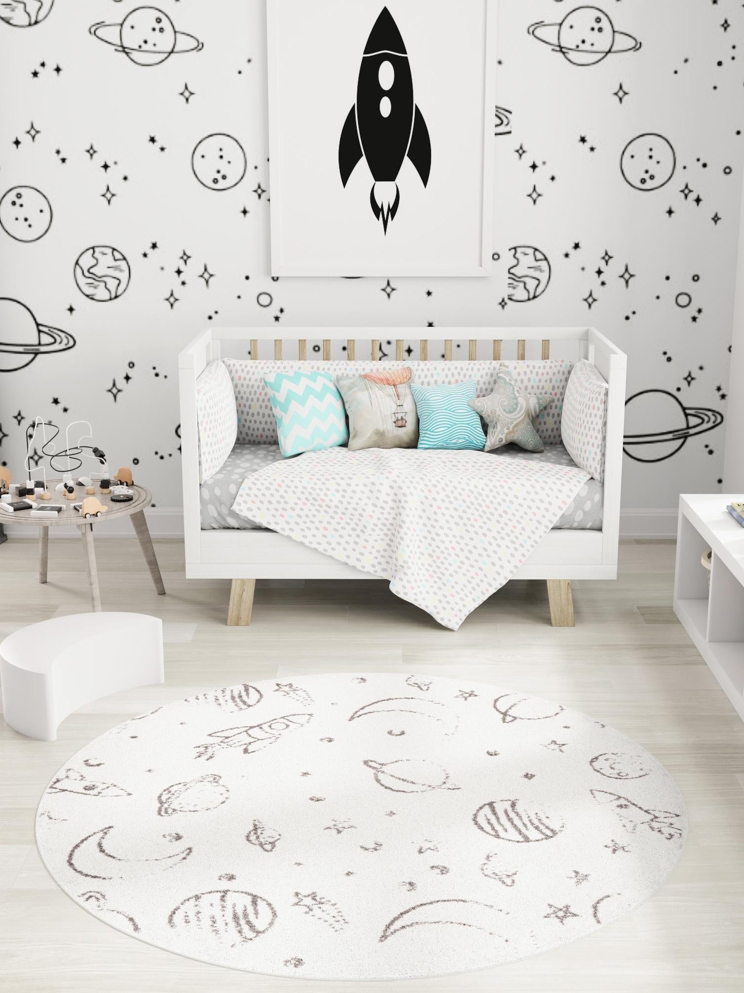 Ivory 3' 3 x 3' 3 Whimsy Kids Round Area Rug for Baby Nursery, Toddler Playroom, Bedrooms