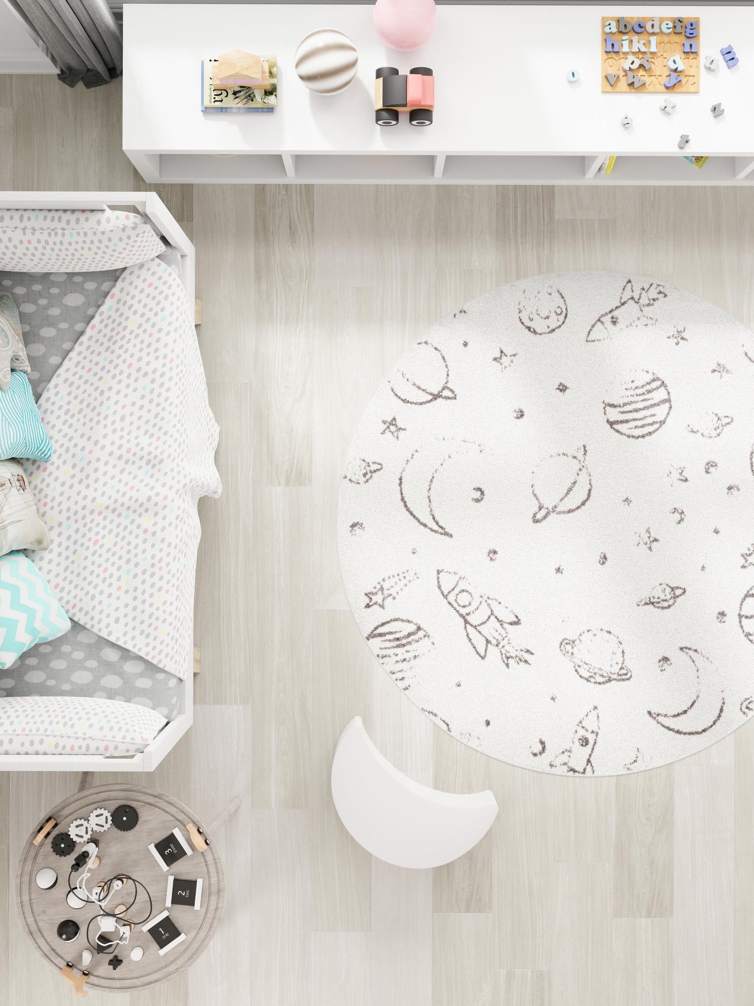 Ivory 3' 3 x 3' 3 Whimsy Kids Round Area Rug for Baby Nursery, Toddler Playroom, Bedrooms