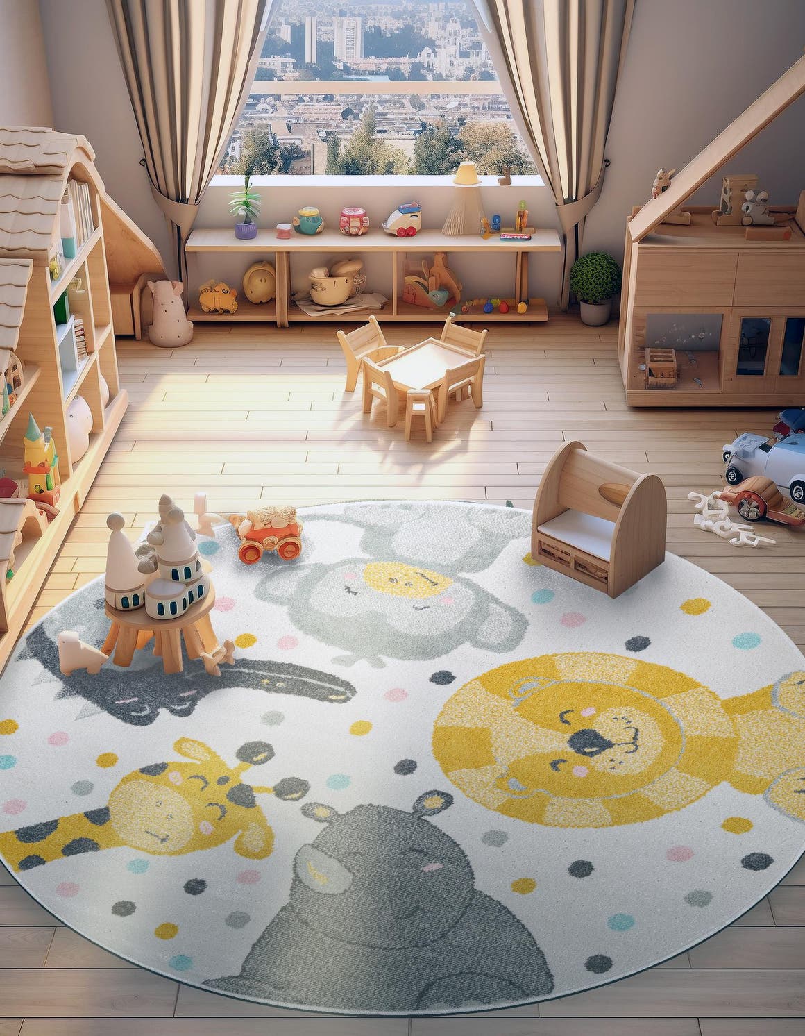 Ivory 5' 3 x 5' 3 Whimsy Kids Round Area Rug for Baby Nursery, Toddler Playroom, Bedrooms