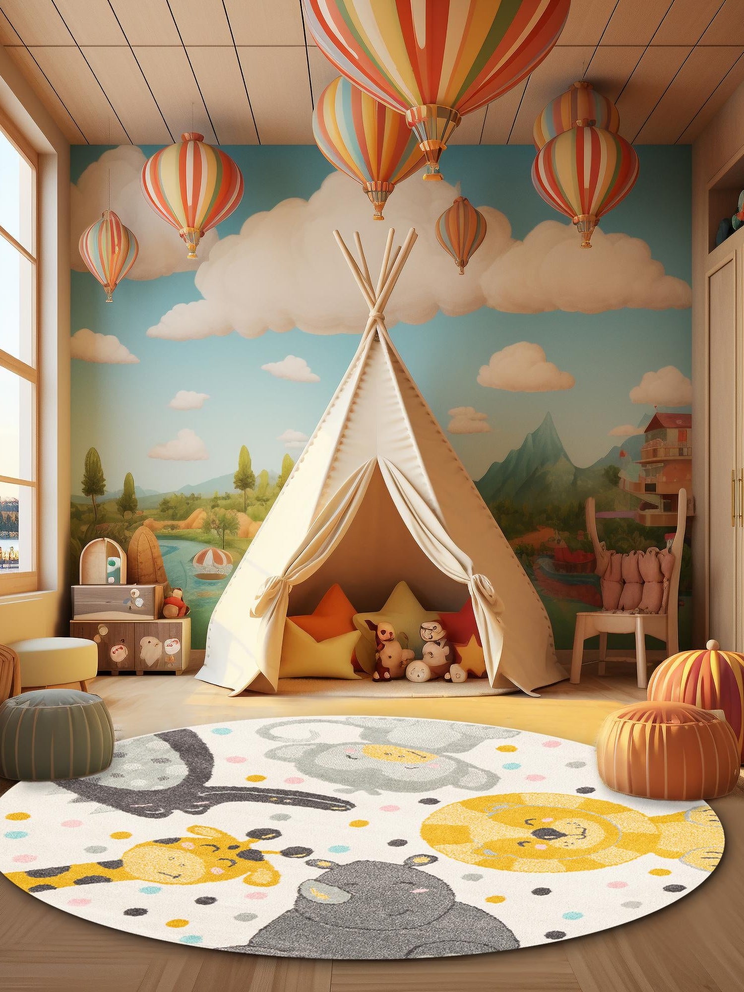 Ivory 3' 3 x 3' 3 Whimsy Kids Round Area Rug for Baby Nursery, Toddler Playroom,  Bedrooms Playful Fun Design Easy Clean Carpet for Sale at Rug Engine