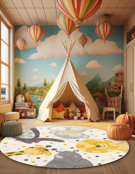 Ivory 3' 3 x 3' 3 Whimsy Kids Round Area Rug for Baby Nursery, Toddler Playroom,  Bedrooms Playful Fun Design Easy Clean Carpet for Sale at Rug Engine
