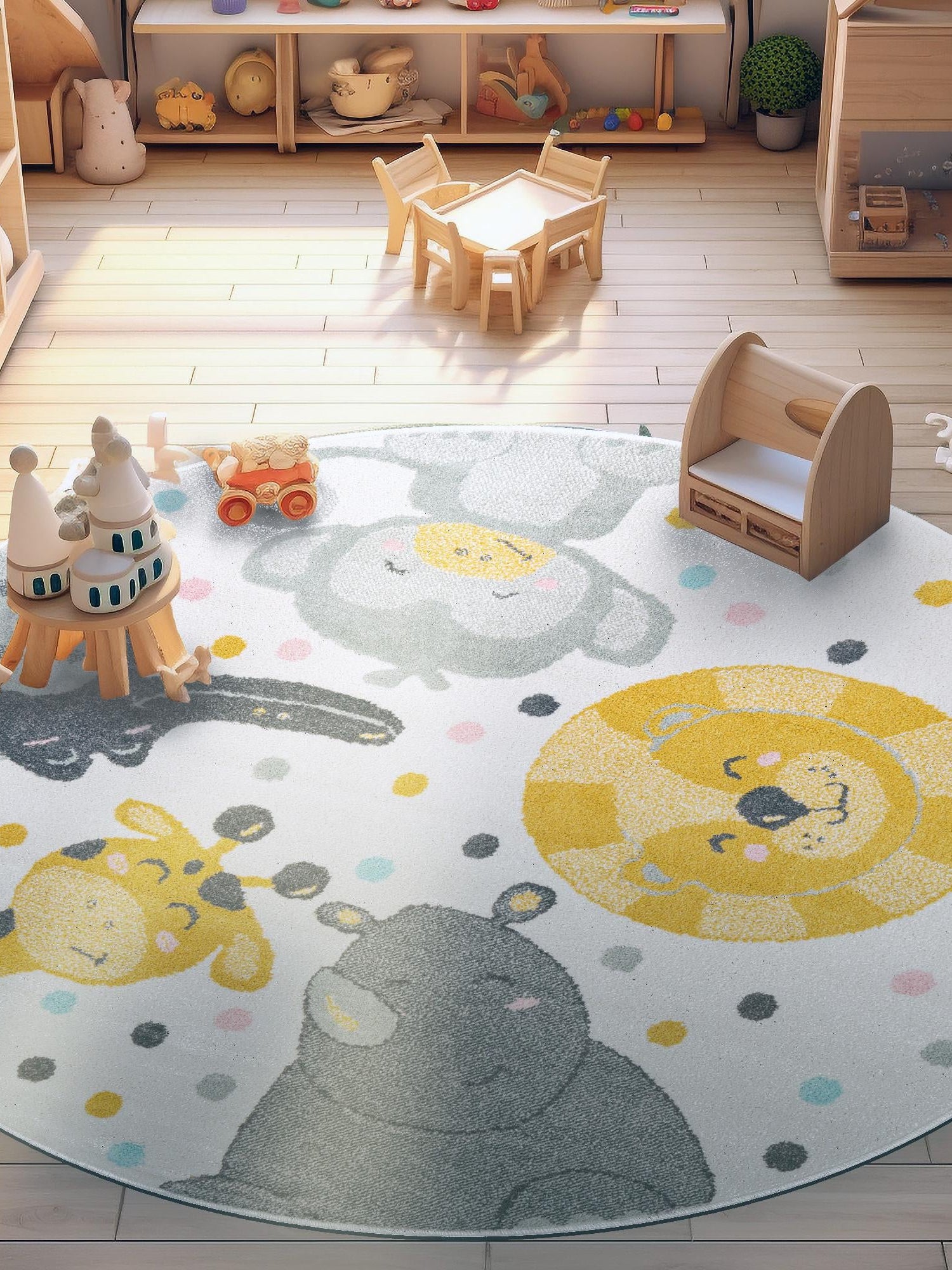Ivory 3' 3 x 3' 3 Whimsy Kids Round Area Rug for Baby Nursery, Toddler Playroom,  Bedrooms Playful Fun Design Easy Clean Carpet for Sale at Rug Engine