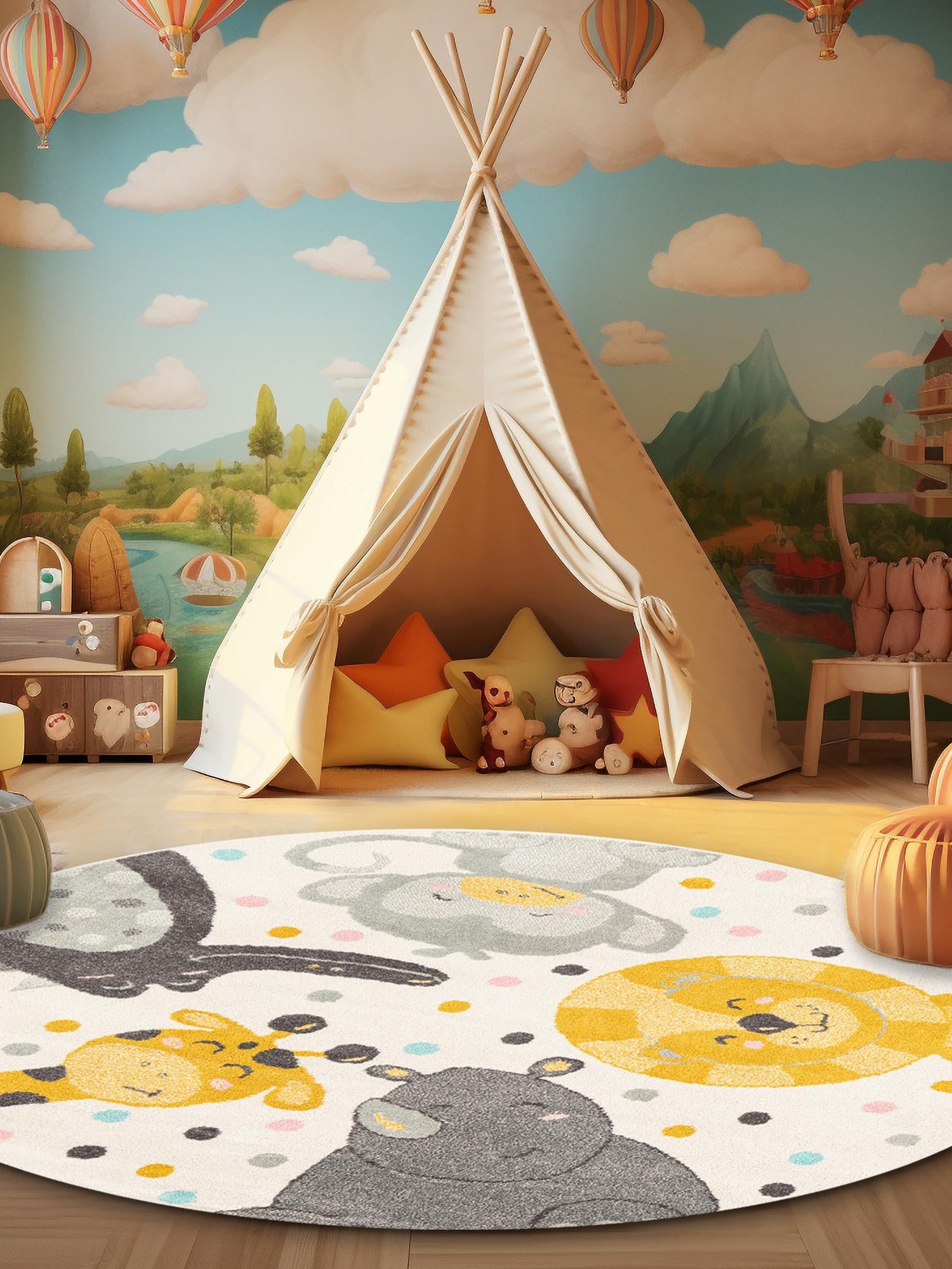 Ivory 3' 3 x 3' 3 Whimsy Kids Round Area Rug for Baby Nursery, Toddler Playroom,  Bedrooms Playful Fun Design Easy Clean Carpet for Sale at Rug Engine