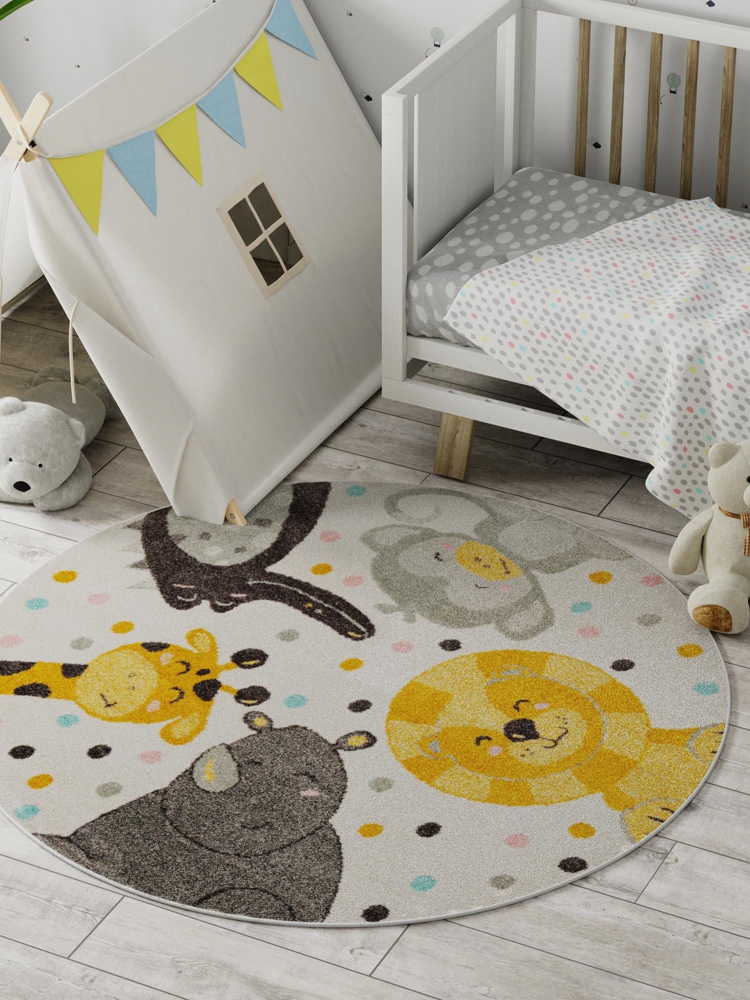 Ivory 3' 3 x 3' 3 Whimsy Kids Round Area Rug for Baby Nursery, Toddler Playroom,  Bedrooms Playful Fun Design Easy Clean Carpet for Sale at Rug Engine